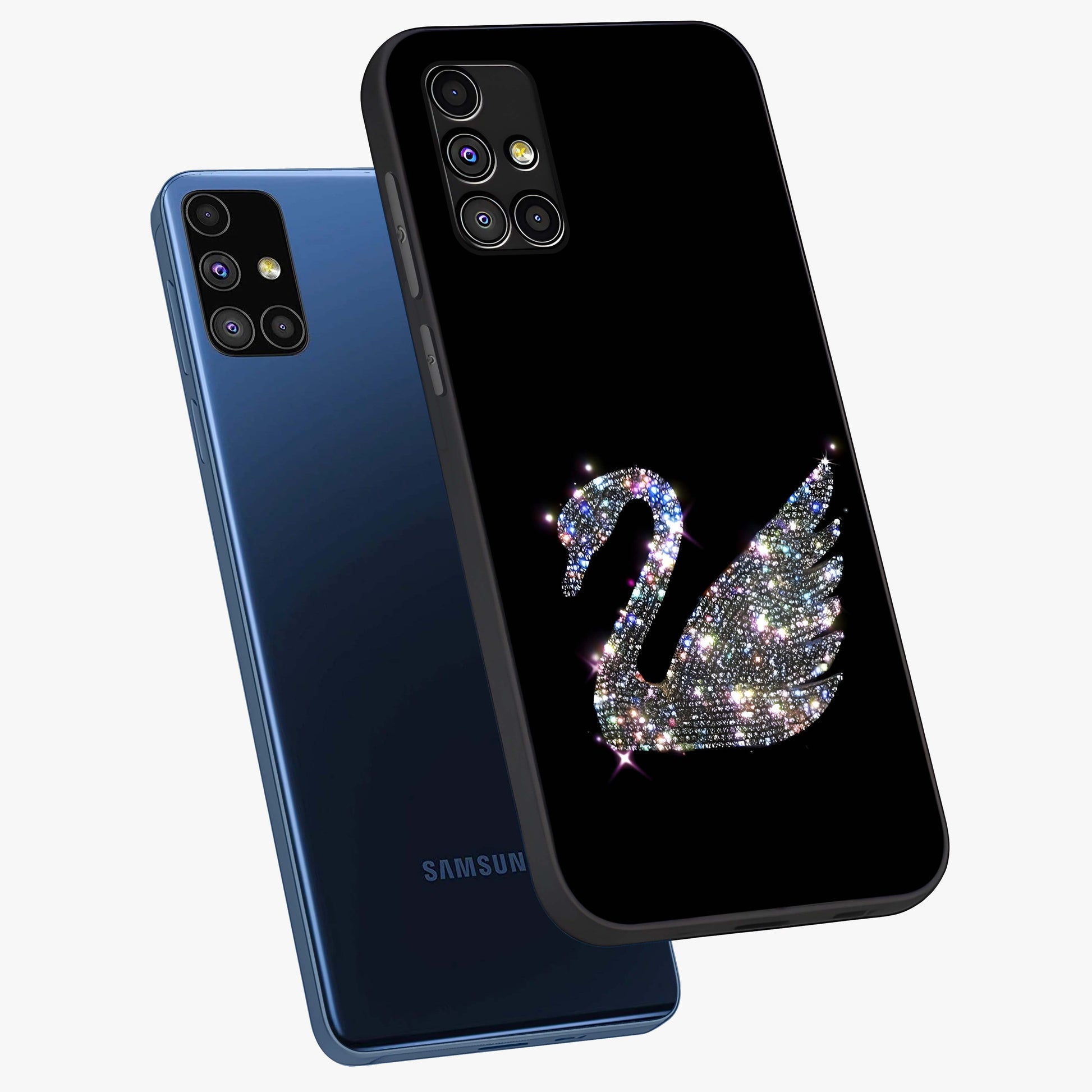 Starlit Swan Grace Glass Case displayed in angled mockup highlighting elegant swan illustration with dreamy celestial aesthetic.