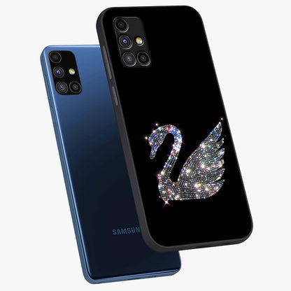 Starlit Swan Grace Glass Case displayed in angled mockup highlighting elegant swan illustration with dreamy celestial aesthetic.