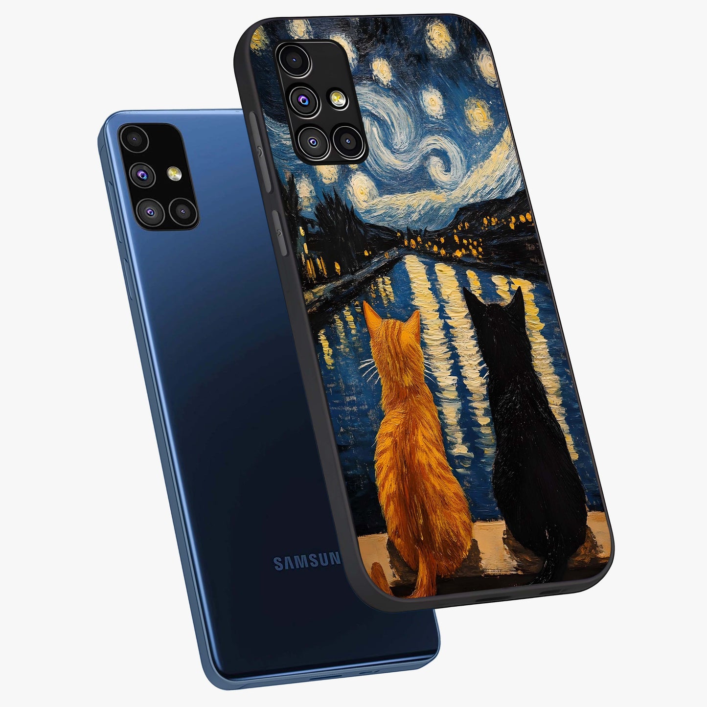 Starry River Cats Glass Case displayed in angled mockup highlighting charming feline illustration with dreamy night aesthetic.