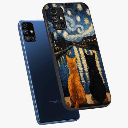 Starry River Cats Glass Case displayed in angled mockup highlighting charming feline illustration with dreamy night aesthetic.