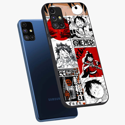 Strawhat Chaos Panels Glass Case displayed in angled mockup highlighting vibrant anime collage design with action aesthetic.