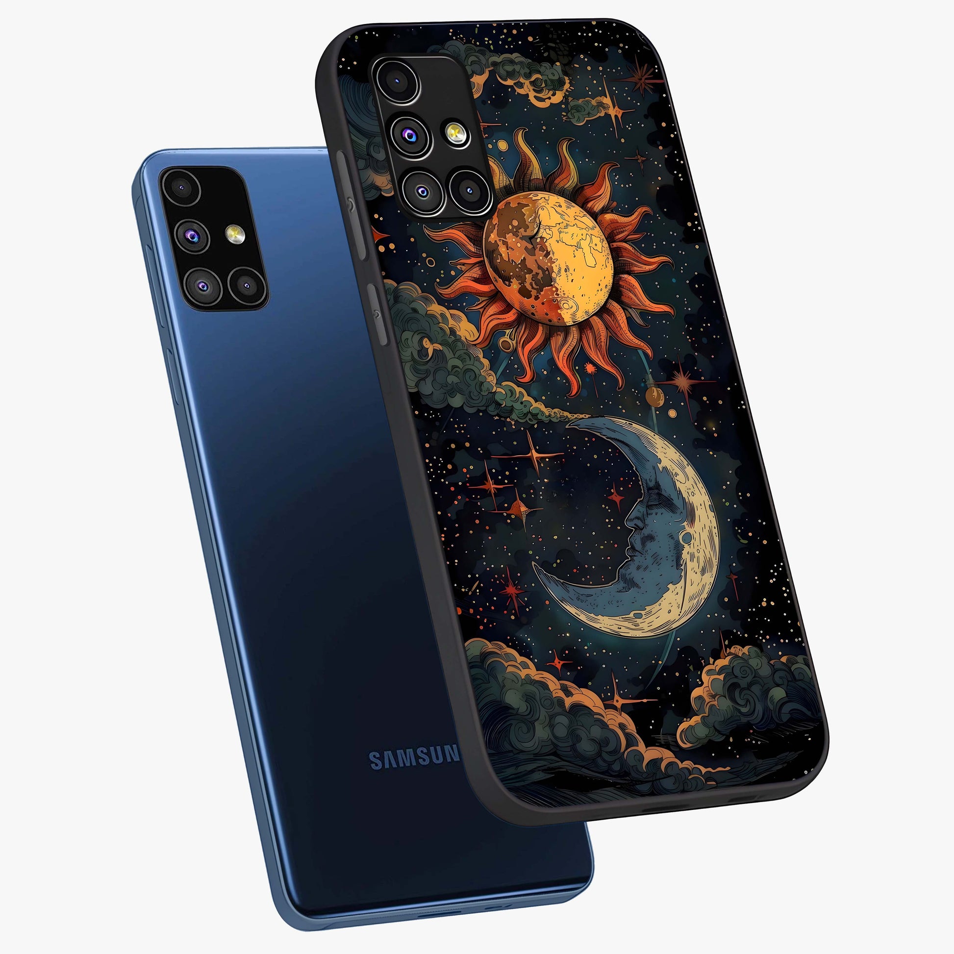 Sun And Moon Magic Design Glass Case displayed in angled mockup highlighting celestial design with magical cosmic aesthetic.