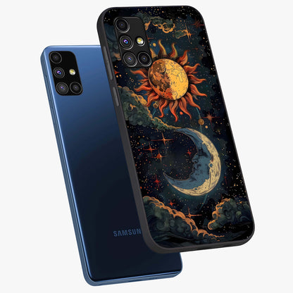 Sun And Moon Magic Design Glass Case displayed in angled mockup highlighting celestial design with magical cosmic aesthetic.
