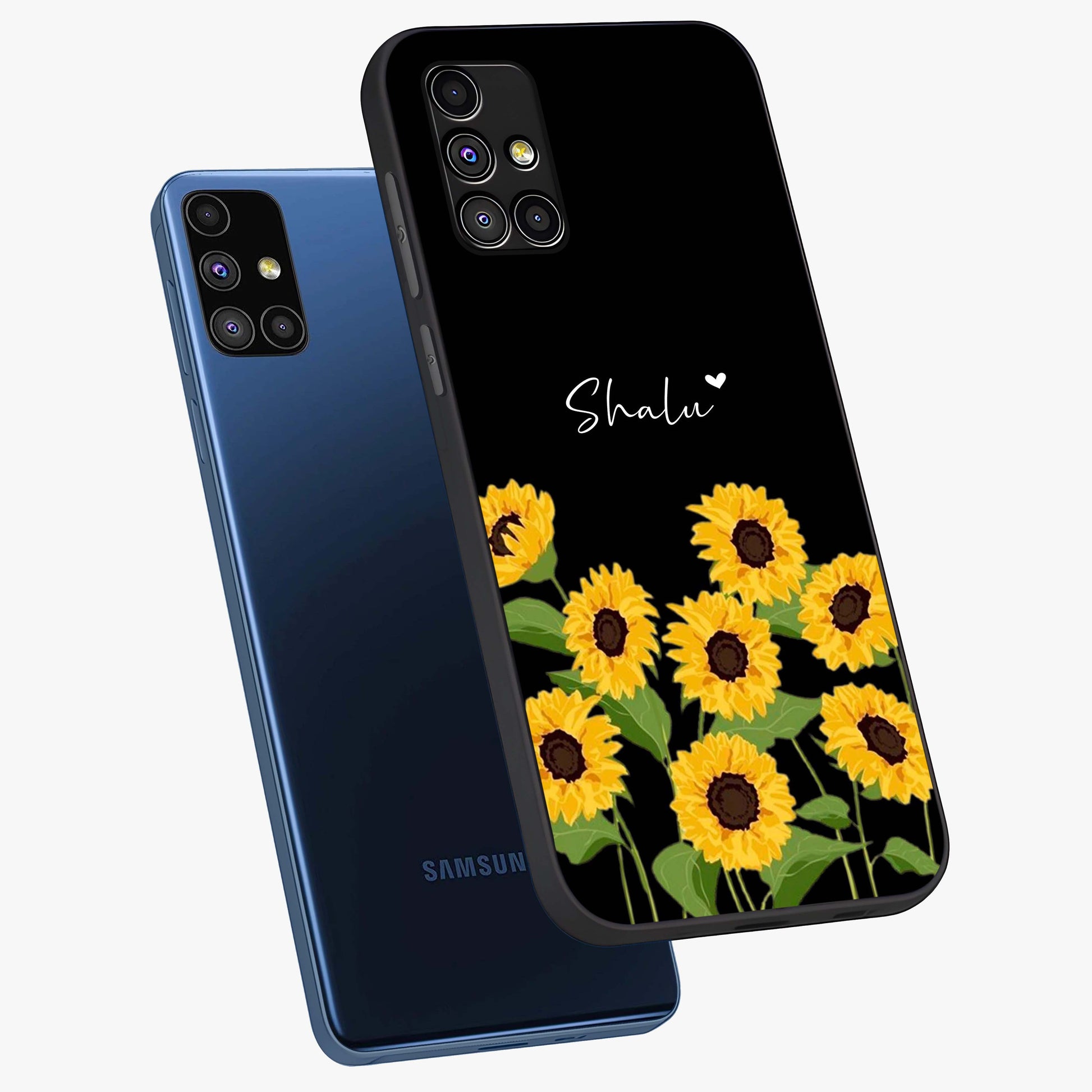 Sunflower Chic Mood Custom Name Glass Case displayed in angled mockup highlighting vibrant sunflower design with custom name feature.