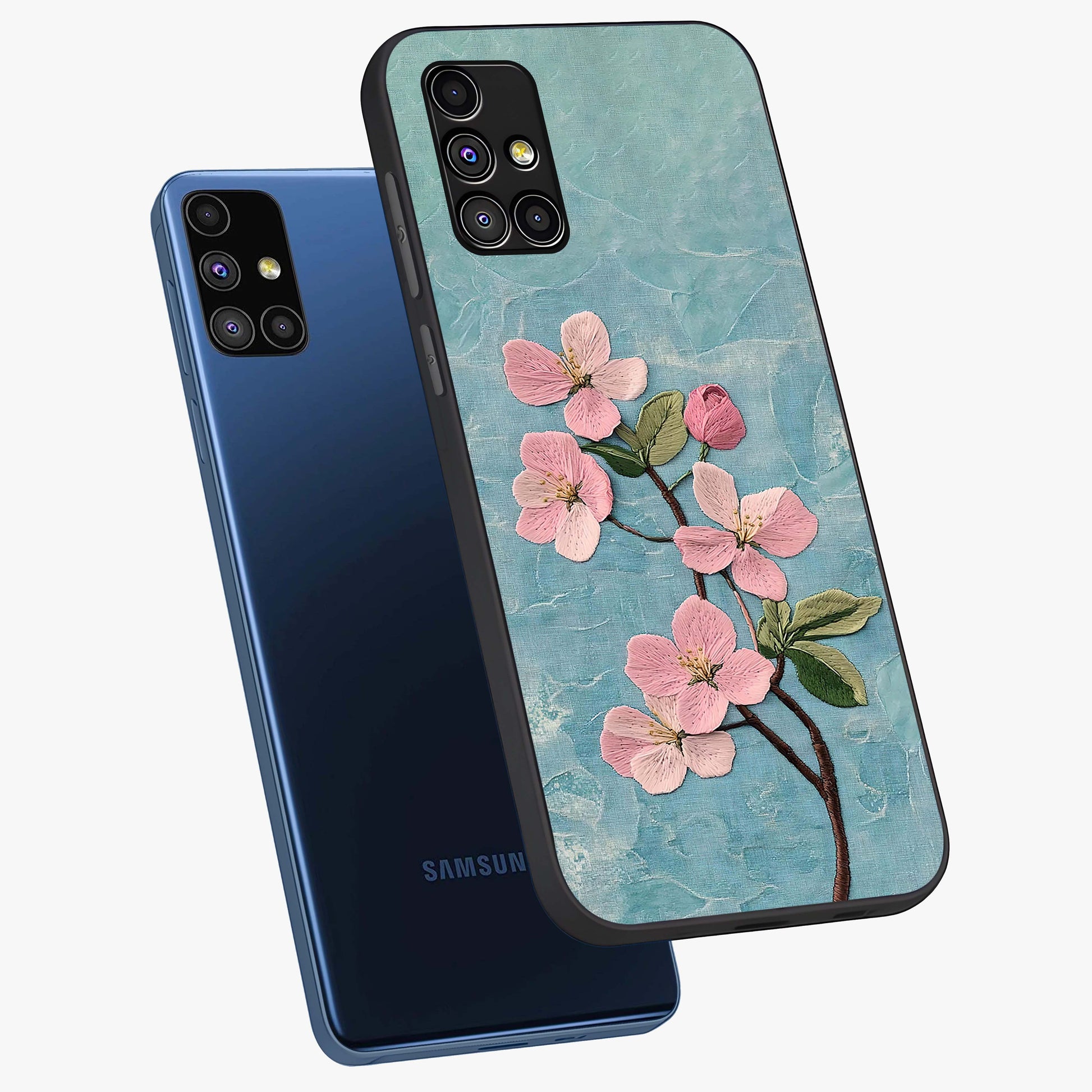Threaded Blossom Breeze Glass Case displayed in angled mockup highlighting elegant floral design with soft aesthetic style.