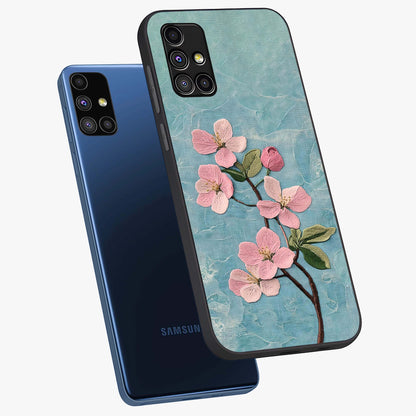 Threaded Blossom Breeze Glass Case displayed in angled mockup highlighting elegant floral design with soft aesthetic style.