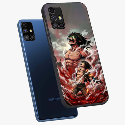 Titan Awakening Fury Glass Case displayed in angled mockup highlighting dramatic giant warrior design with bold anime aesthetic.