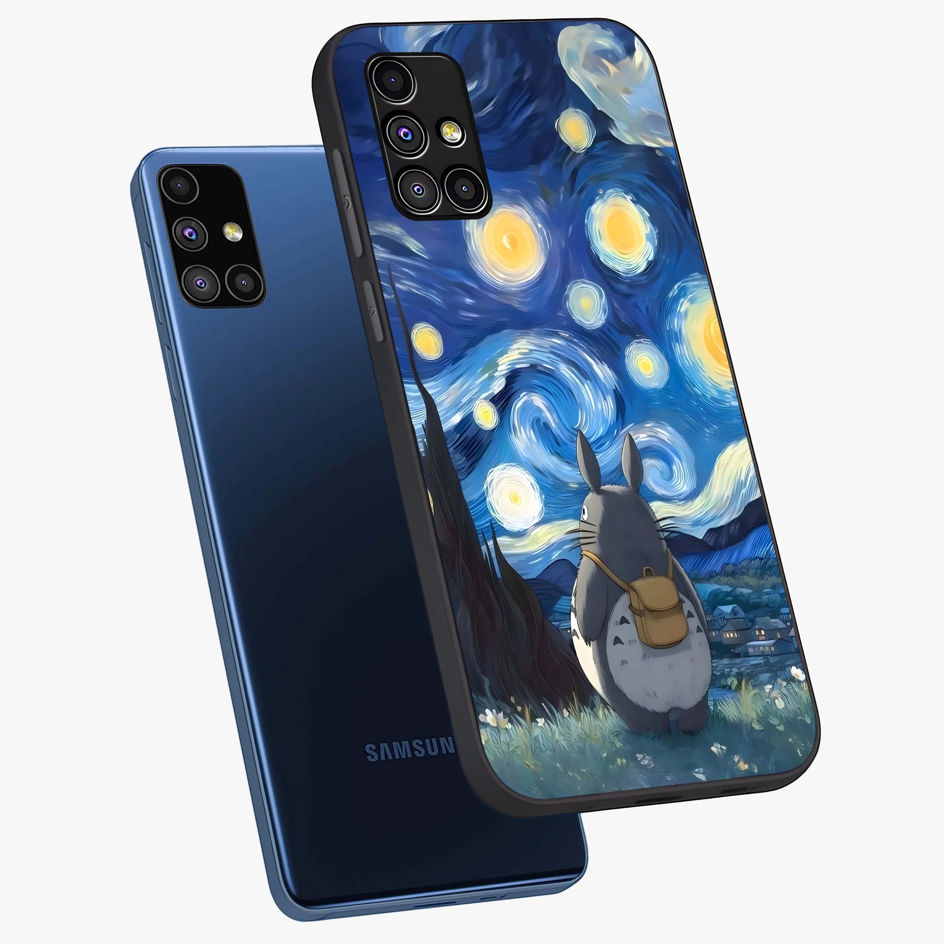 Totoro In Van Gogh Art Glass Case displayed in angled mockup highlighting artistic swirling sky design with playful animation aesthetic.