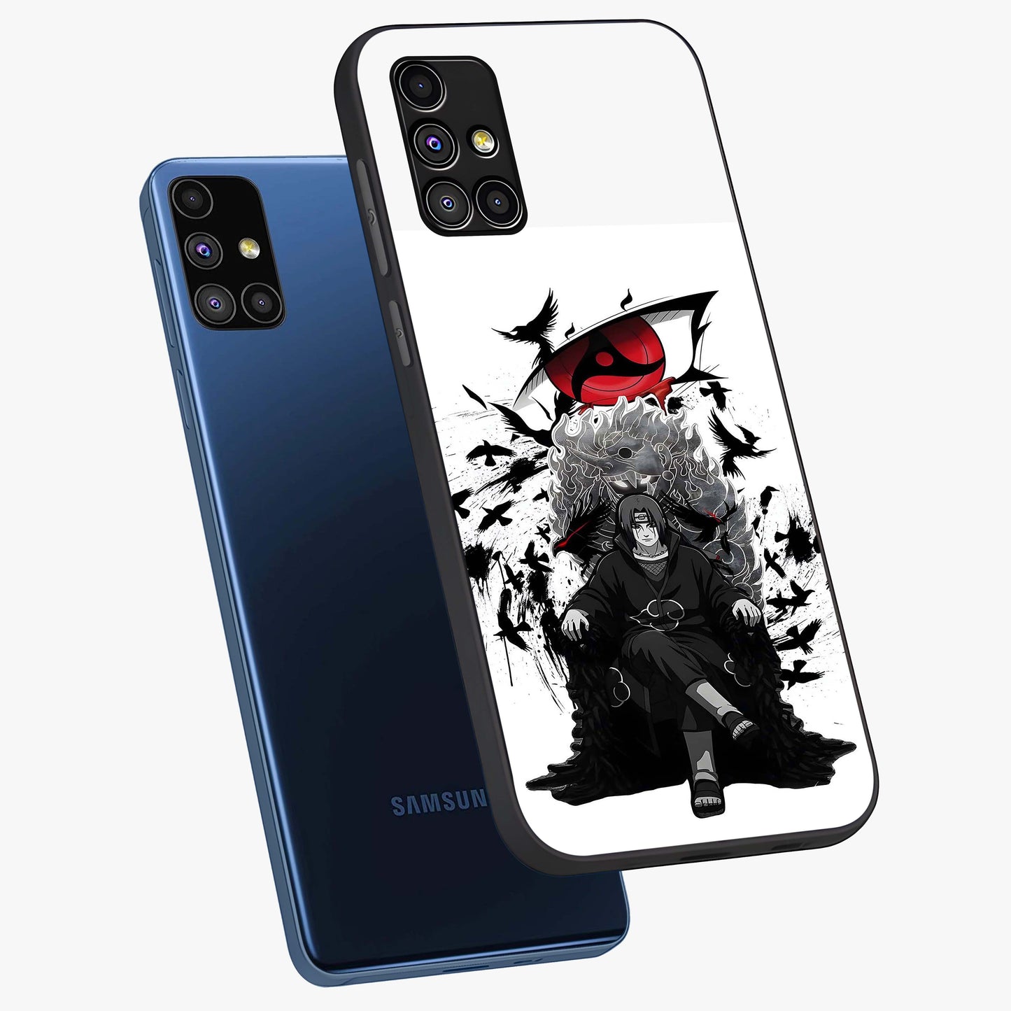 Uchiha Shadow Throne Glass Case displayed in angled mockup highlighting glowing aquatic design with celestial aesthetic.