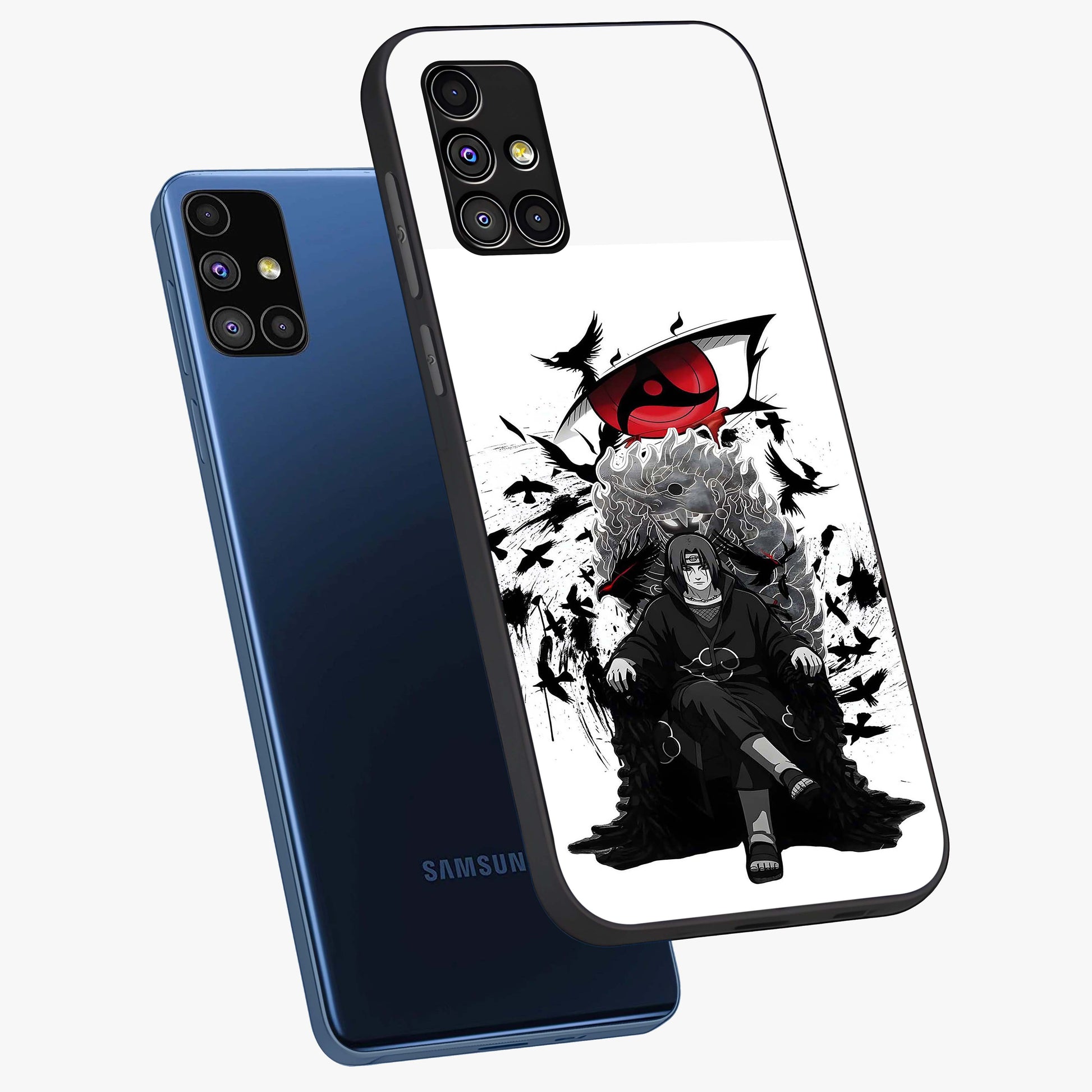 Uchiha Shadow Throne Glass Case displayed in angled mockup highlighting glowing aquatic design with celestial aesthetic.