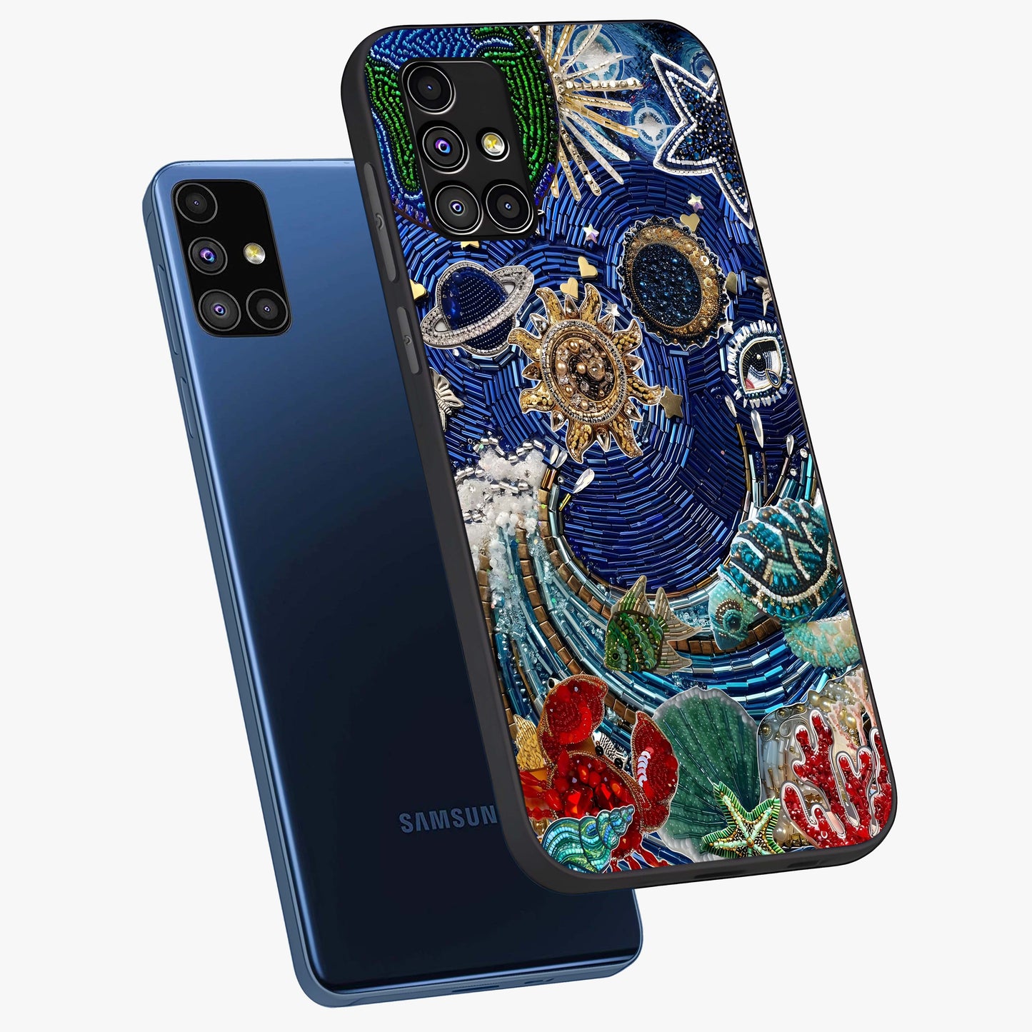 Universe Underwater Spark Glass Case displayed in angled mockup highlighting glowing aquatic design with celestial aesthetic.