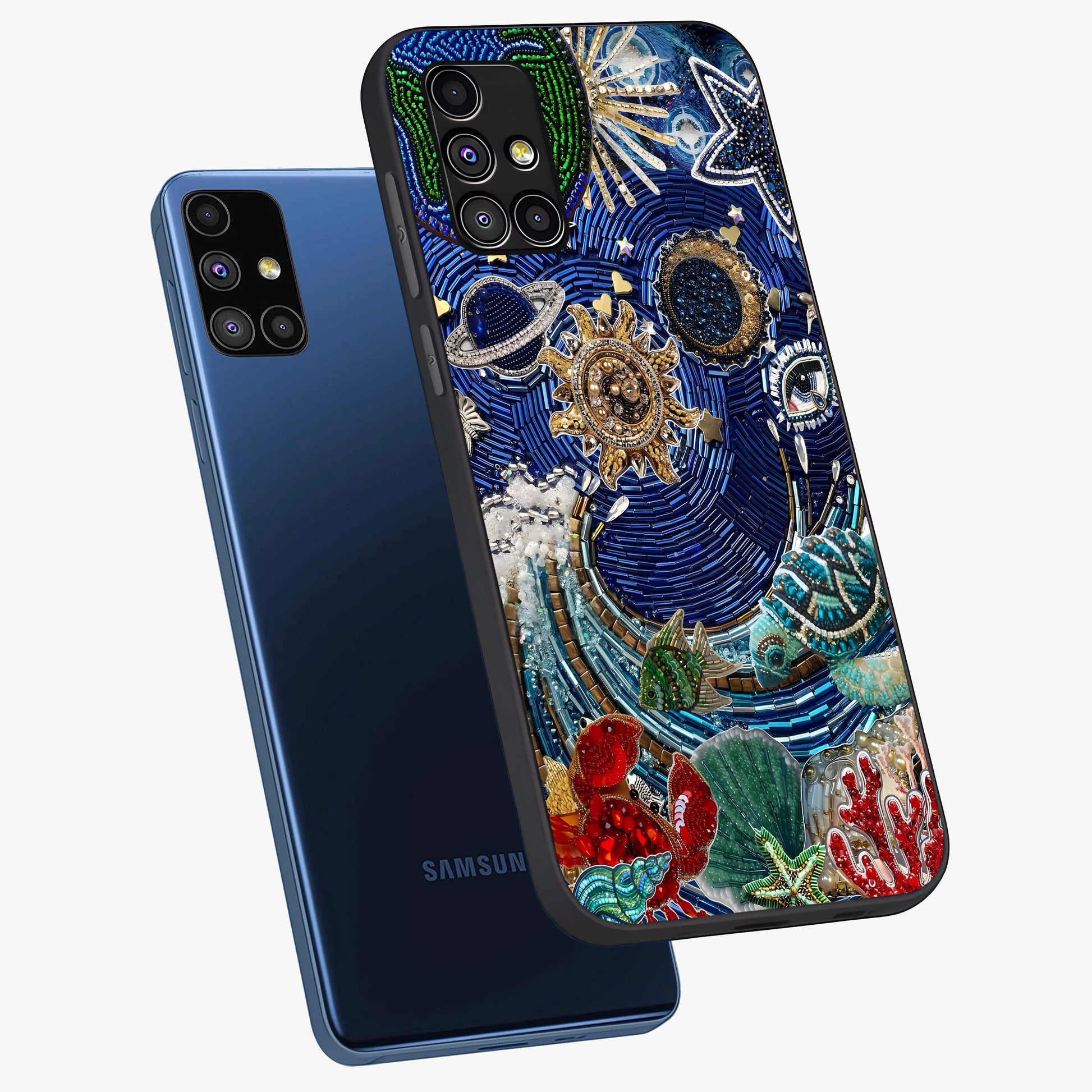 Universe Underwater Spark Glass Case displayed in angled mockup highlighting glowing aquatic design with celestial aesthetic.
