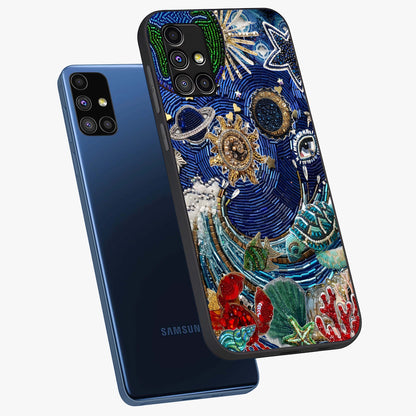 Universe Underwater Spark Glass Case displayed in angled mockup highlighting glowing aquatic design with celestial aesthetic.