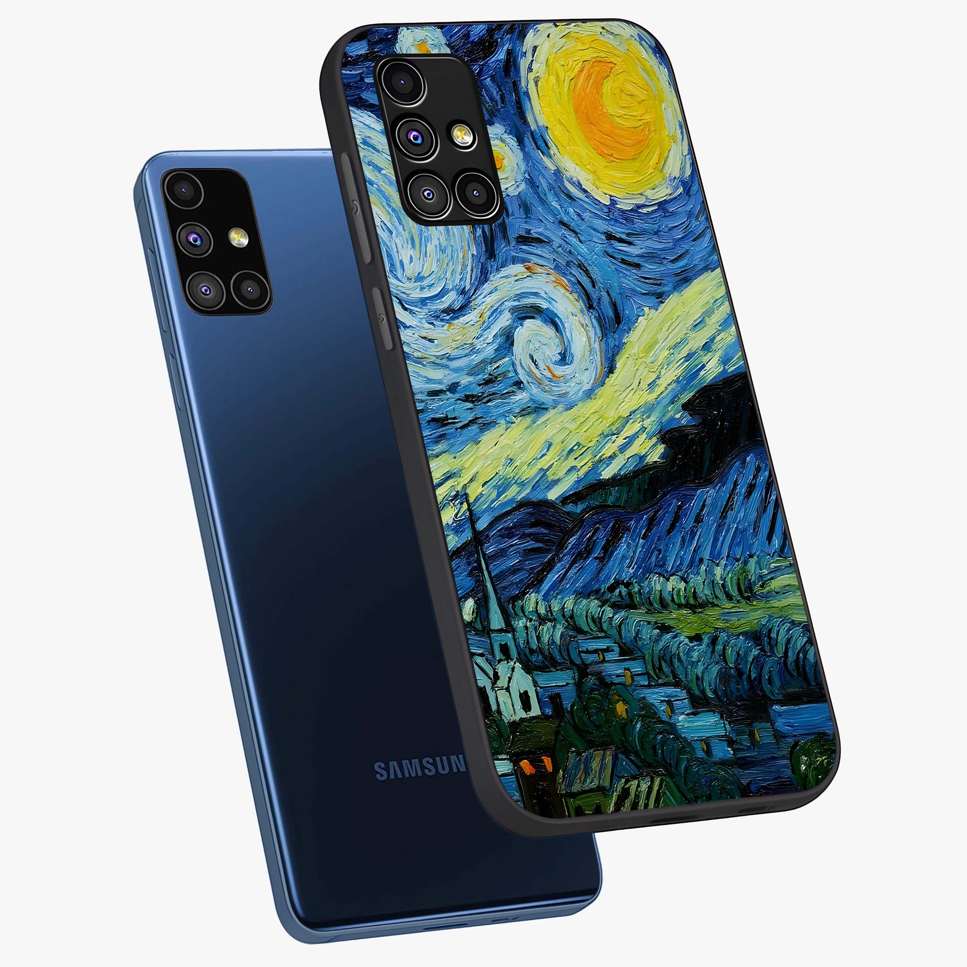 Van Gogh Art Glass Case displayed in angled mockup highlighting swirling brushstroke design with artistic aesthetic.