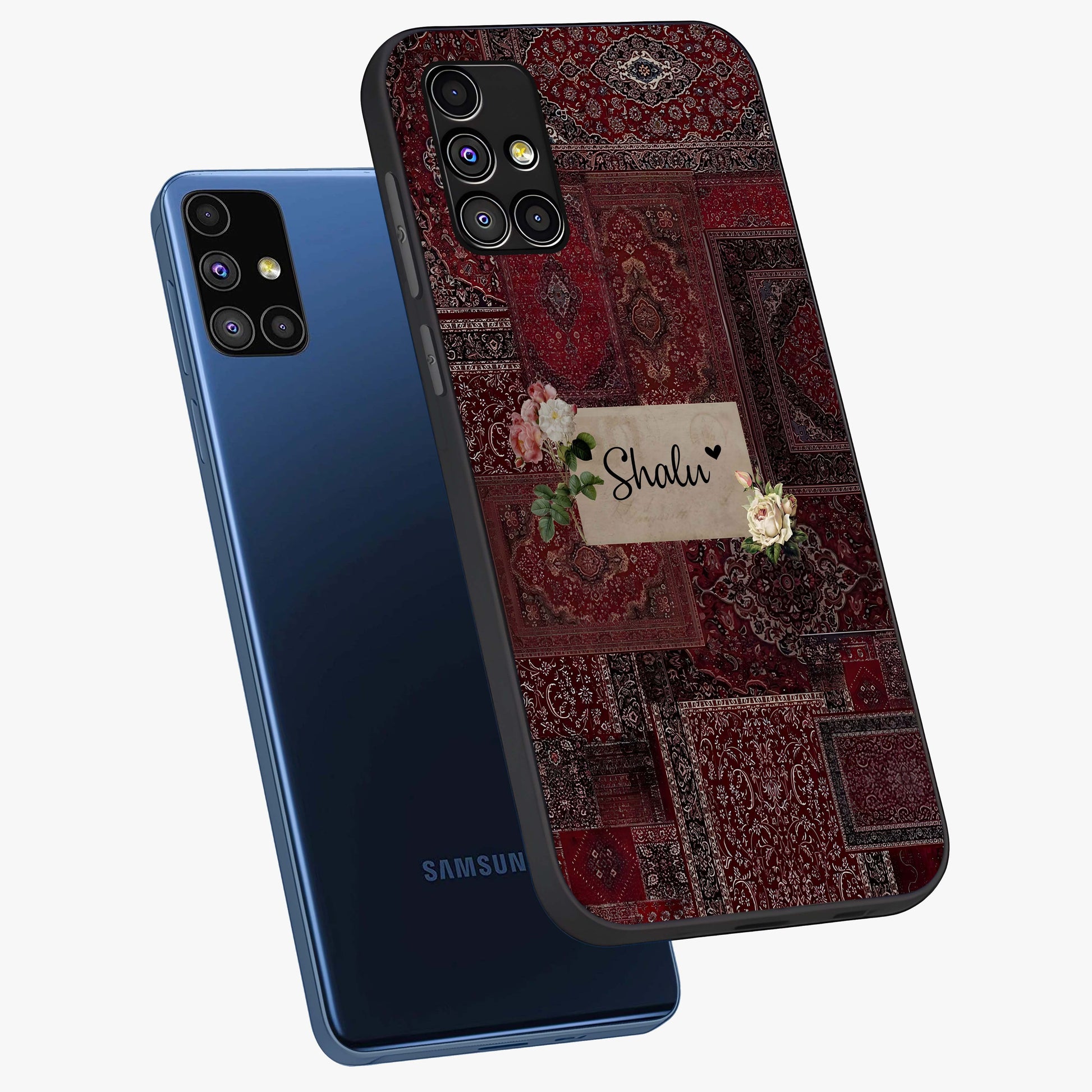 Velvet Wine Pattern Custom Name Glass Case displayed in angled mockup highlighting decorative velvet inspired design with custom name feature.