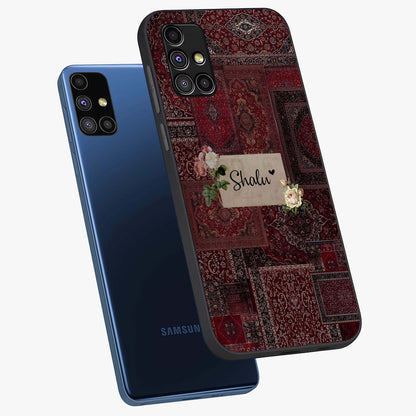 Velvet Wine Pattern Custom Name Glass Case displayed in angled mockup highlighting decorative velvet inspired design with custom name feature.