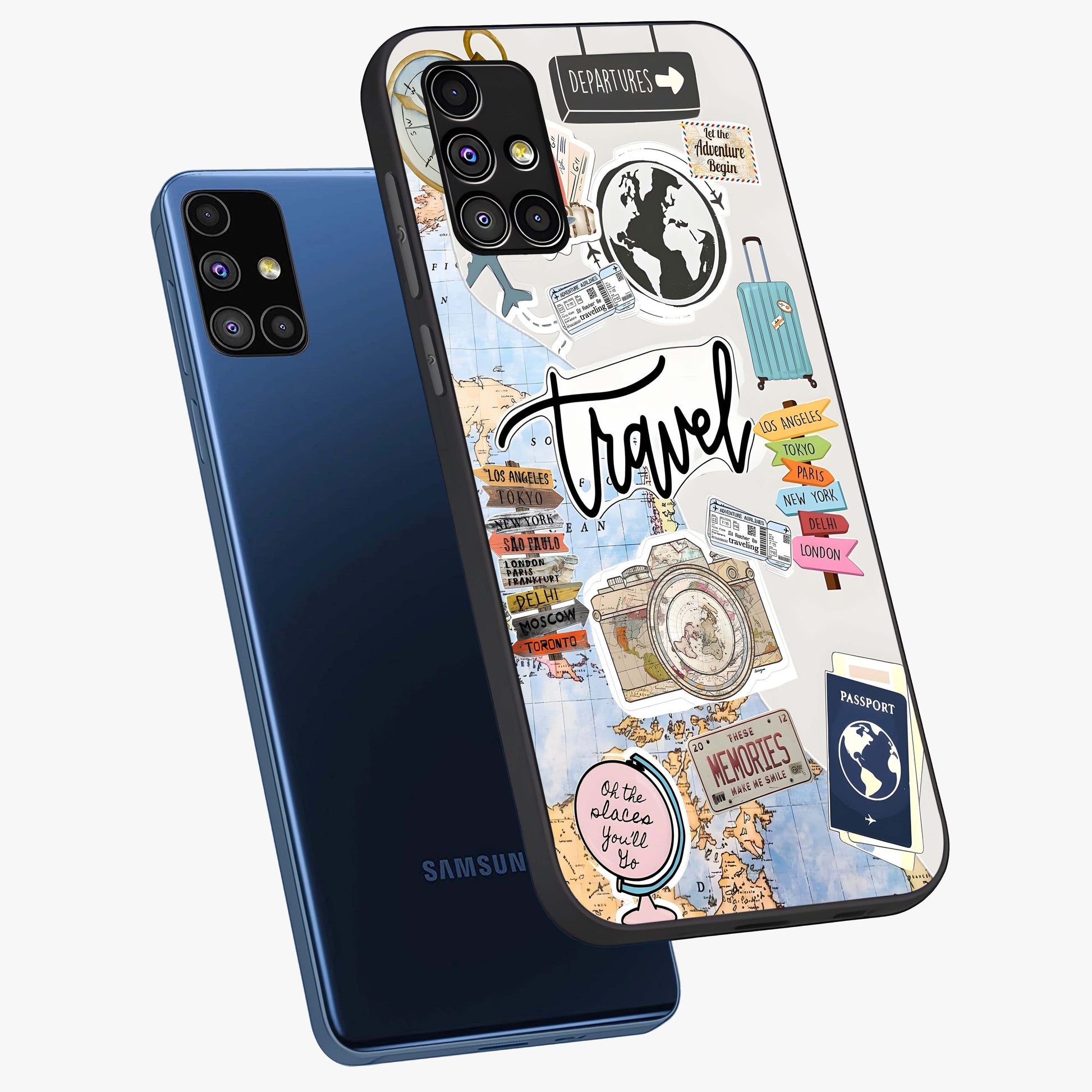 Wanderlust Journal Glass Case displayed in angled mockup highlighting adventure themed design with aesthetic travel vibe.