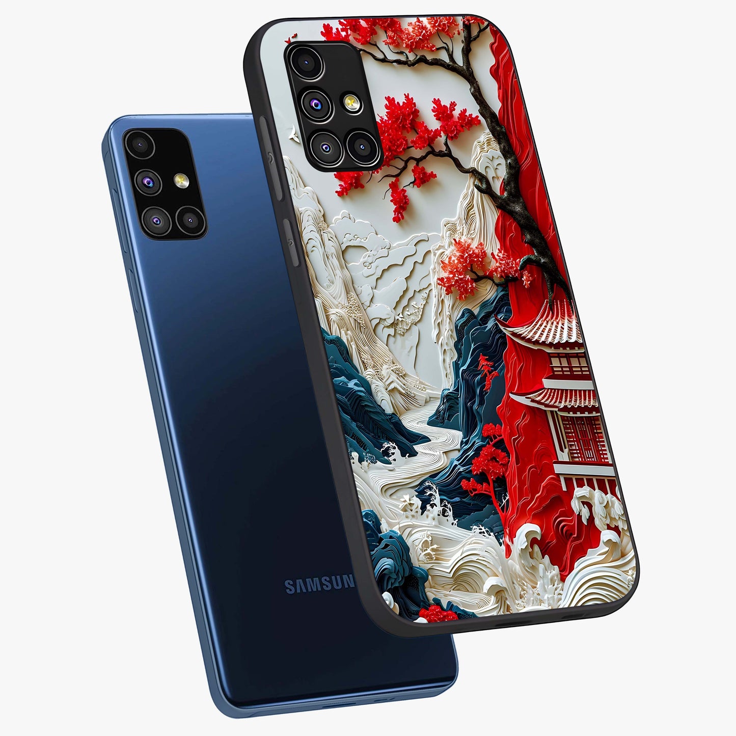 Whispers Of Sakura Waves Glass Case displayed in angled mockup highlighting flowing sakura design with soft floral aesthetic.