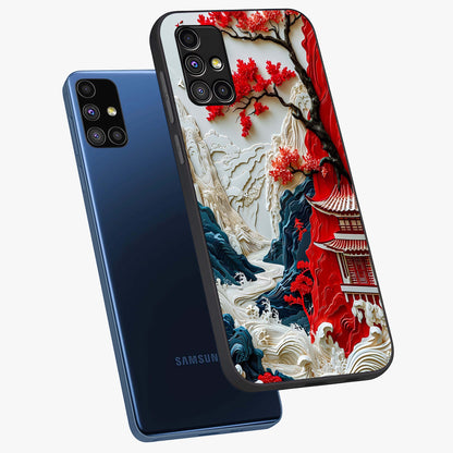 Whispers Of Sakura Waves Glass Case displayed in angled mockup highlighting flowing sakura design with soft floral aesthetic.