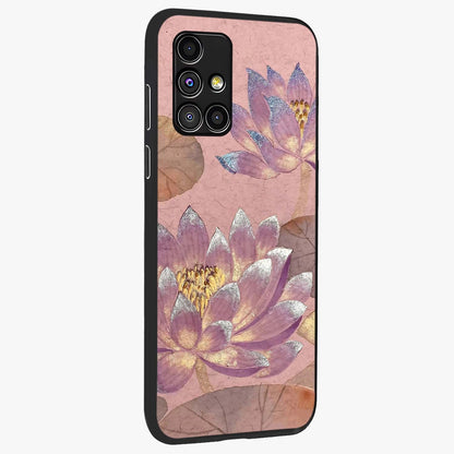Blossom Mist Lotus Glass Case upright view showcasing graceful lotus flower design with peaceful botanical style.