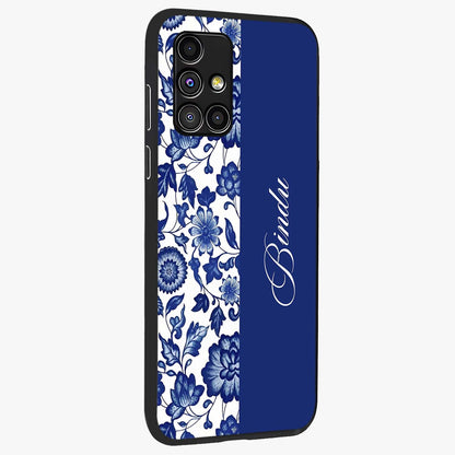 Blue Vintage Floral Pattern Glass Case upright view showcasing delicate blush floral texture with modern minimal style.