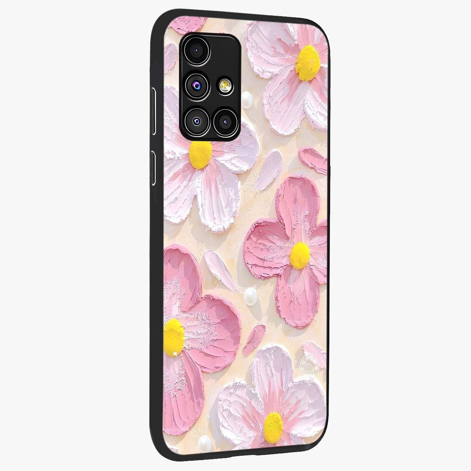 Blush Bloom Texture Glass Case upright view showcasing delicate blush floral texture with modern minimal style.