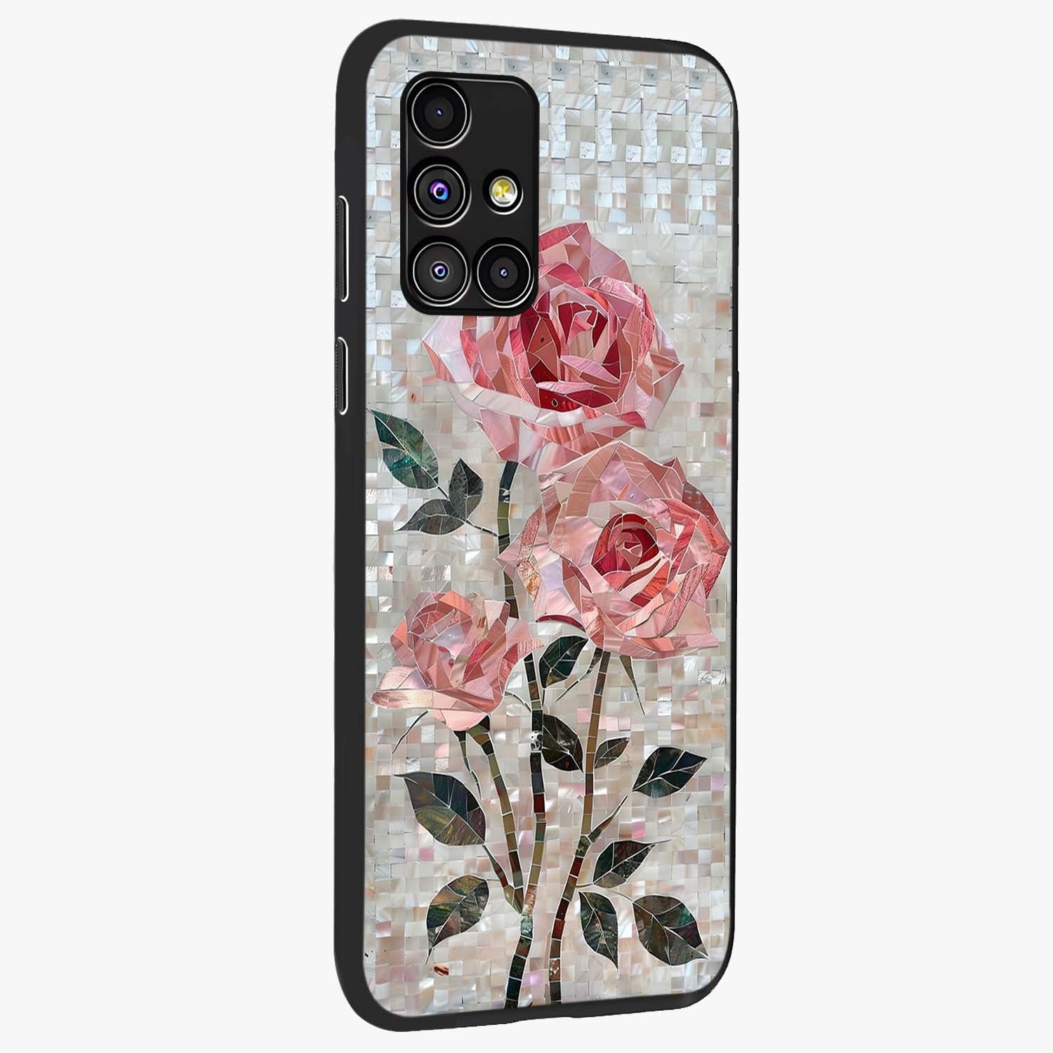 Blush Mosaic Bloom Glass Case upright view showcasing decorative floral mosaic artwork with stylish modern aesthetic.