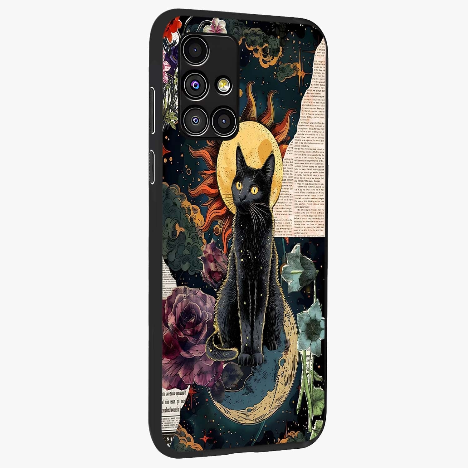 Celestial Black Cat Glass Case upright view showcasing magical black cat illustration with starry cosmic theme.