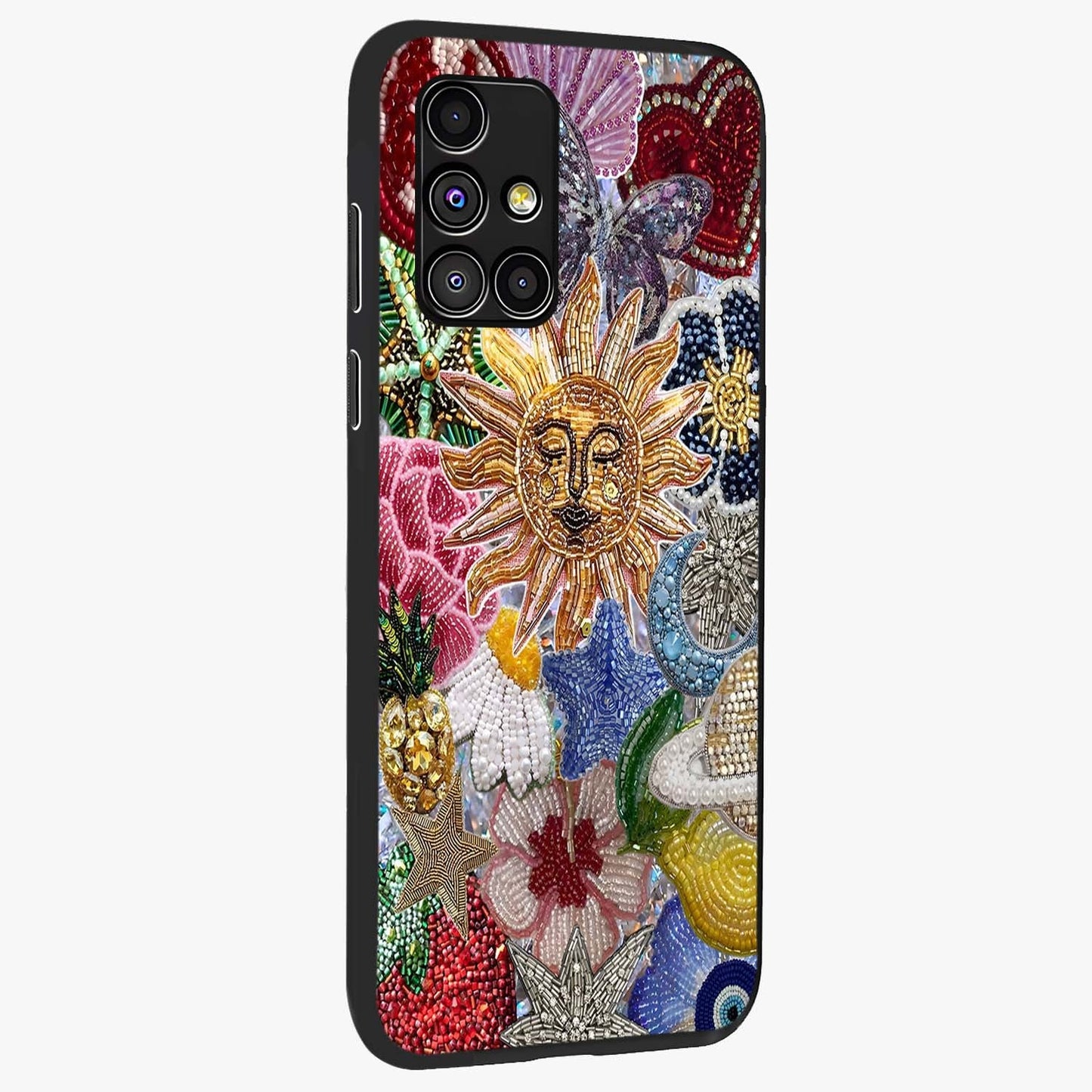 Celestial Floral and Playful Glass Case upright view showcasing whimsical floral artwork with cosmic aesthetic theme.