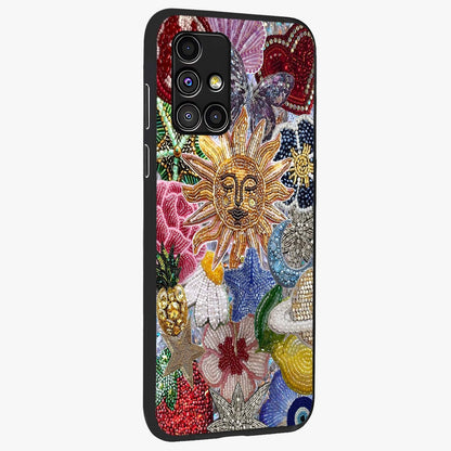 Celestial Floral and Playful Glass Case upright view showcasing whimsical floral artwork with cosmic aesthetic theme.