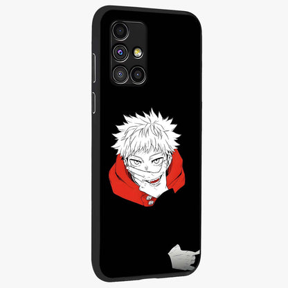 Crimson Chaos Smile Glass Case upright view showcasing expressive chaotic artwork with striking visual theme.
