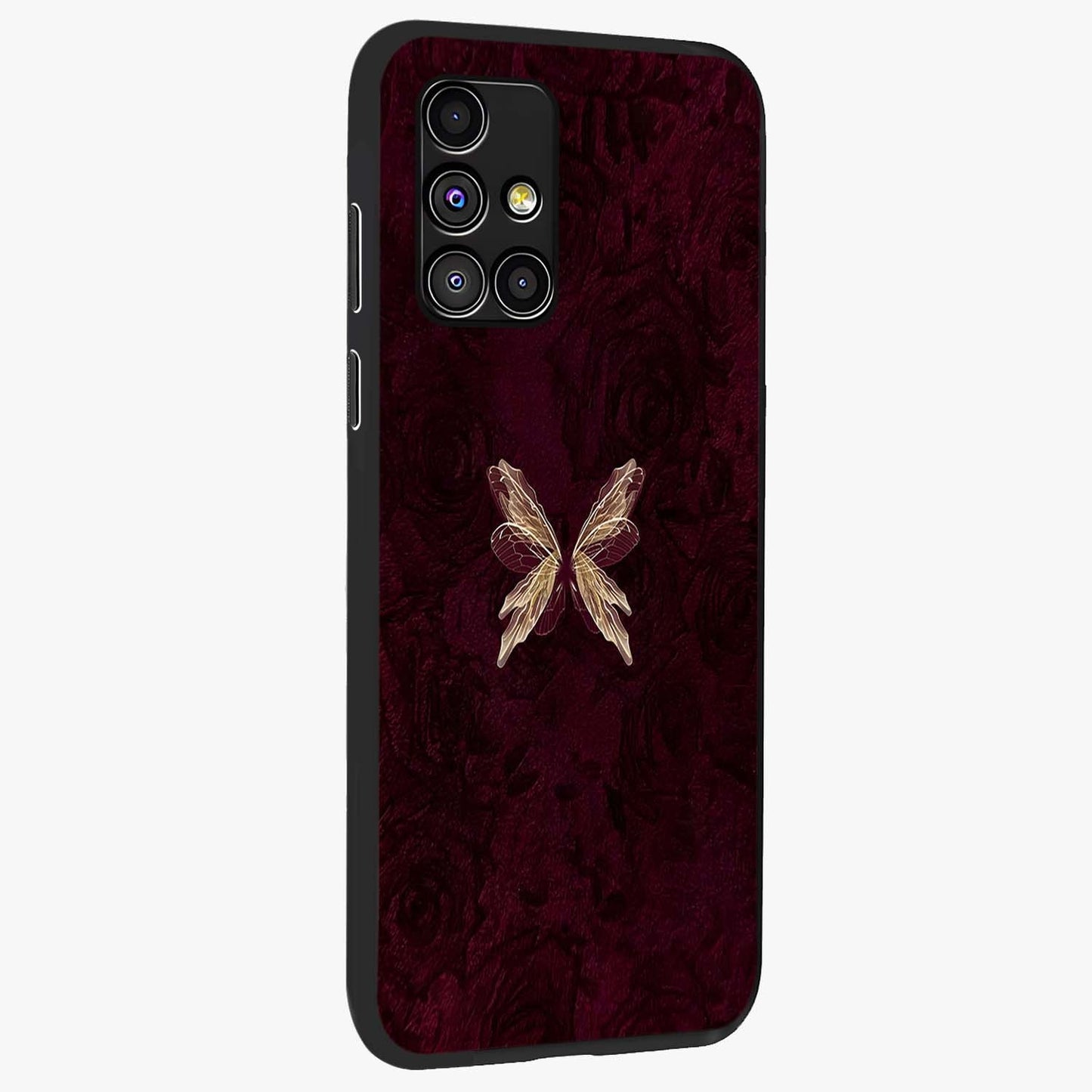 Crimson Fade Butterfly Glass Case upright view showcasing graceful butterfly artwork with soft crimson fade effect.