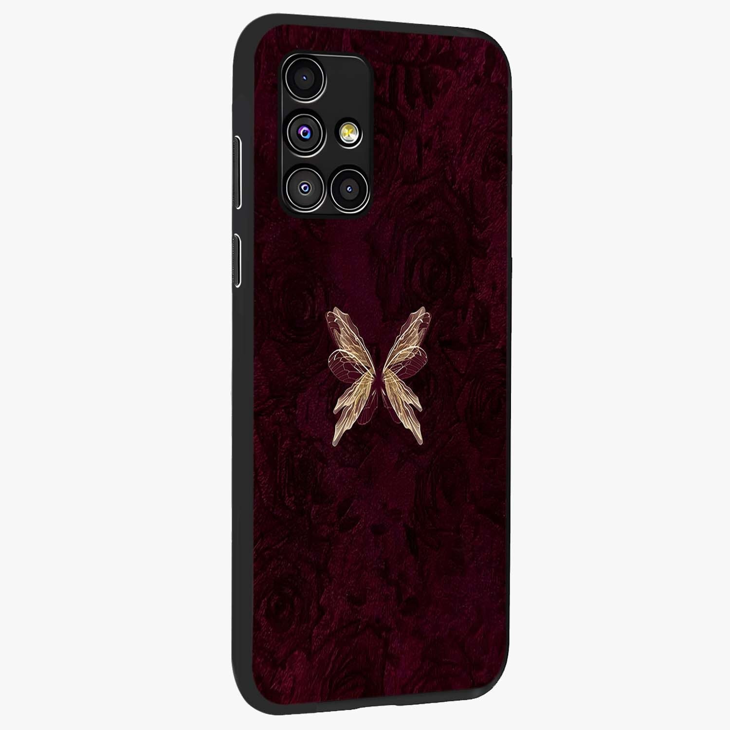 Crimson Fade Butterfly Glass Case upright view showcasing graceful butterfly artwork with soft crimson fade effect.