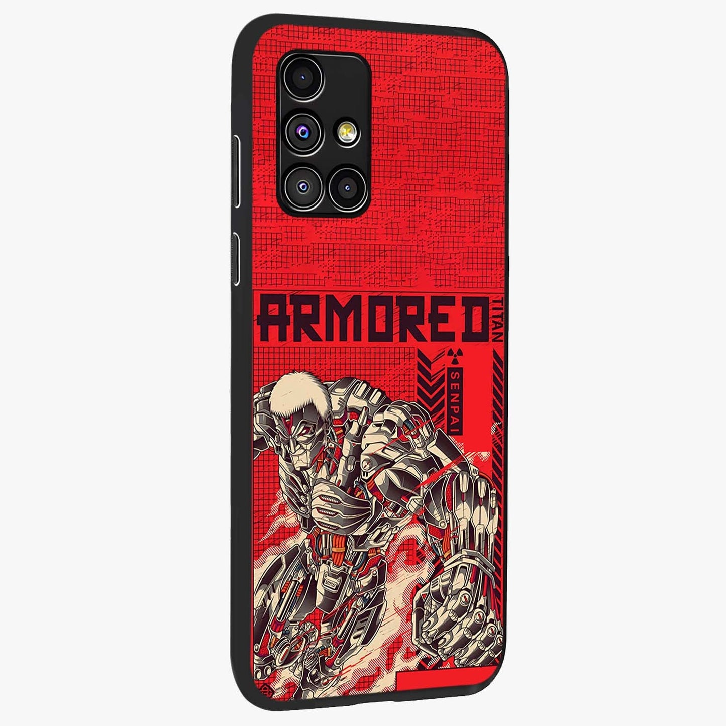 Crimson Mecha Titan Glass Case upright view showcasing dynamic robotic titan design with sci-fi inspired theme.