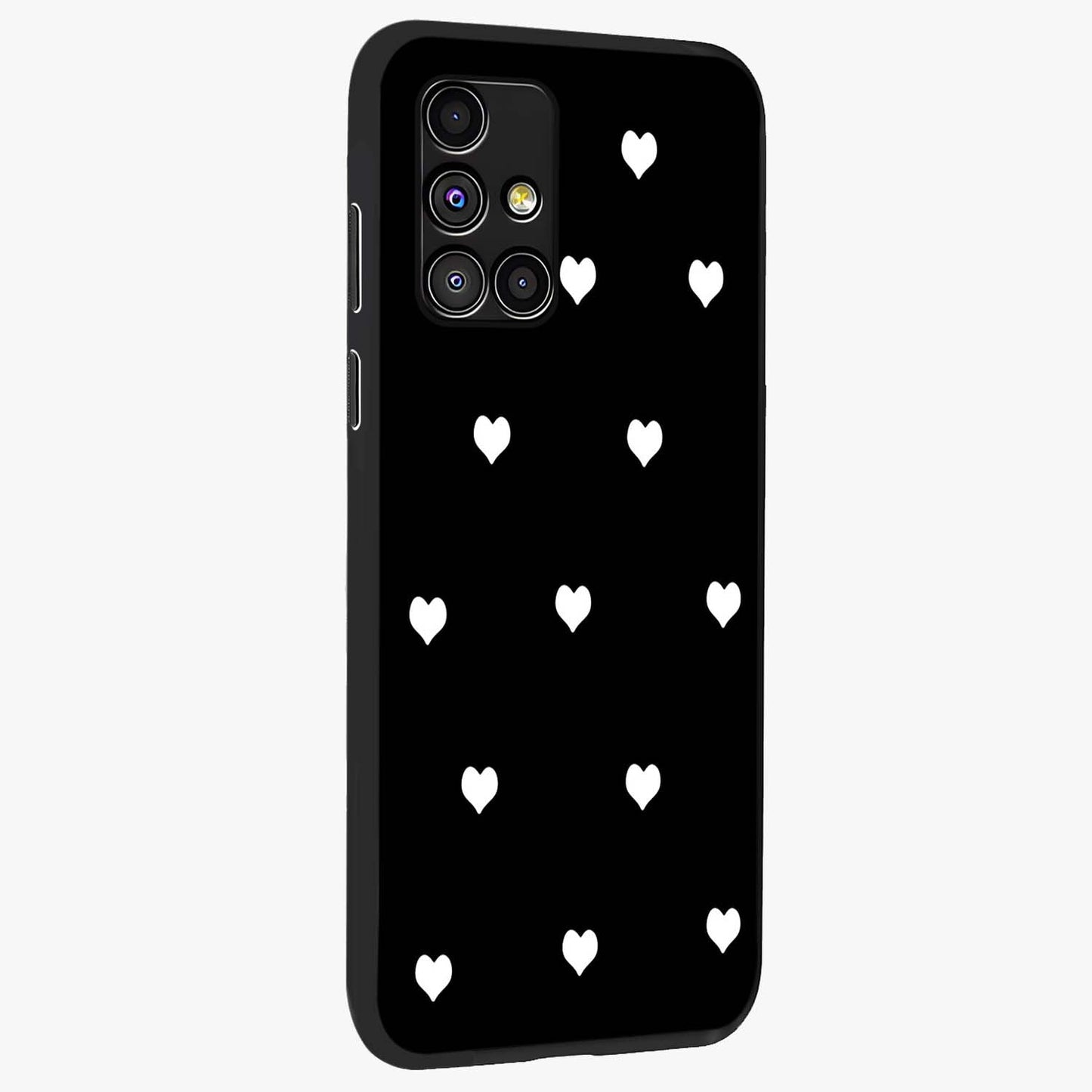 Cute And Simple White Hearts Glass Case upright view showcasing simple white hearts artwork with soft minimal theme.