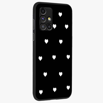 Cute And Simple White Hearts Glass Case upright view showcasing simple white hearts artwork with soft minimal theme.
