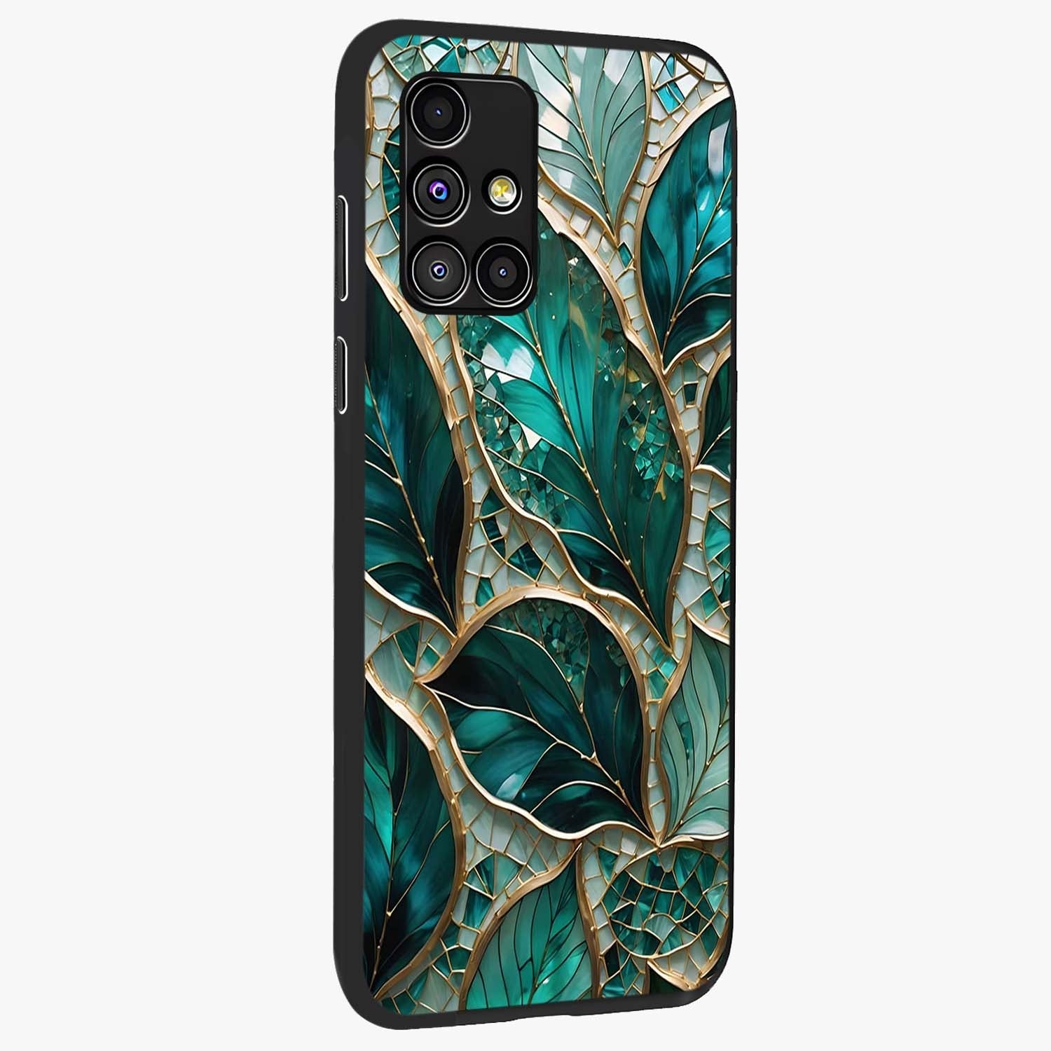 Emerald Leaf Glass Glass Case upright view showcasing fresh green leaf artwork with calming nature inspired style.