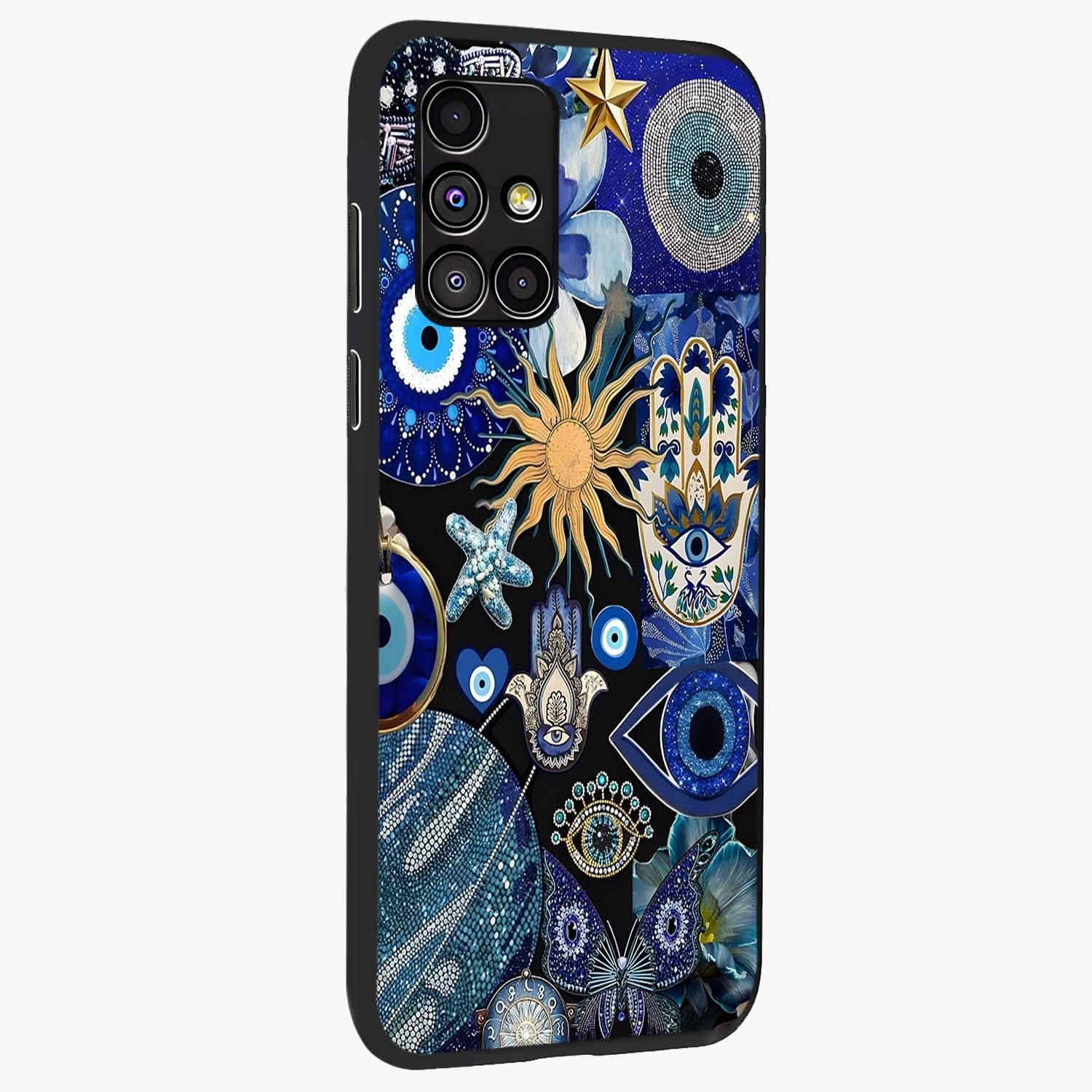 Evil Eye Charm Mix Glass Case upright view showcasing mystical evil eye pattern with vibrant decorative style.