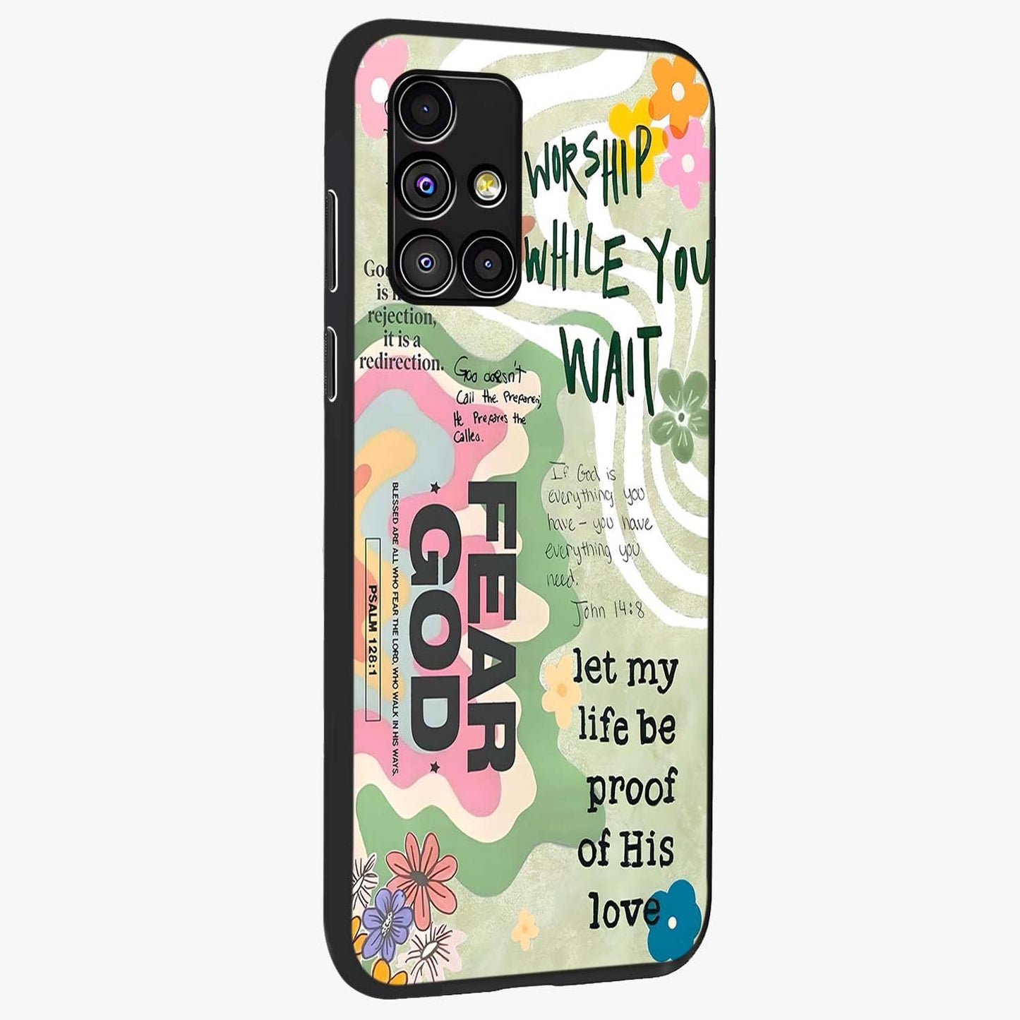 Faith Over Fear Glass Case upright view showcasing bold typography artwork with uplifting motivational theme.