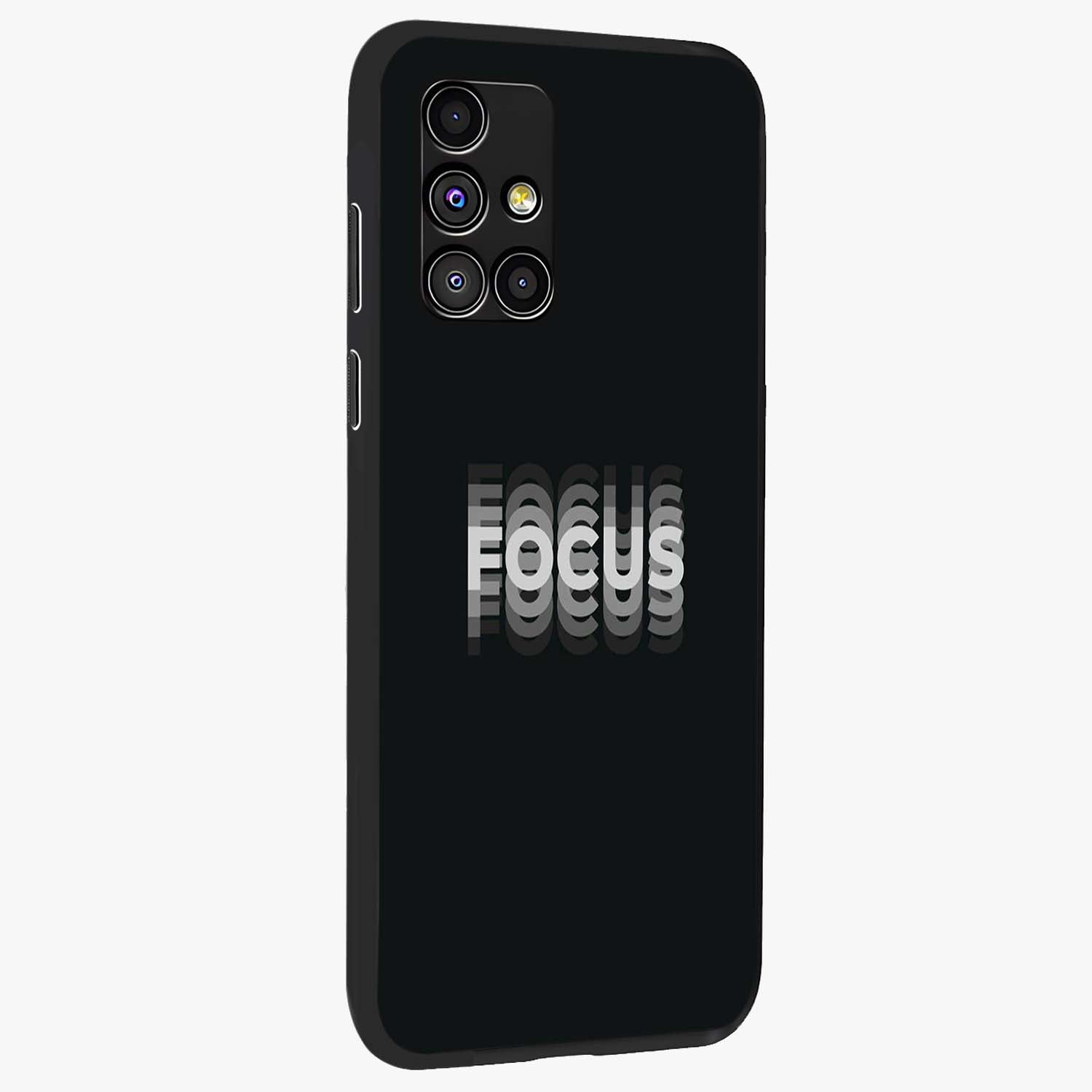 Focus Mode On Glass Case upright view showcasing strong typography statement with sleek motivational theme.