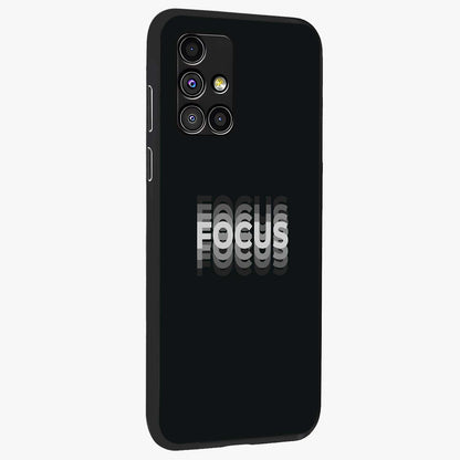 Focus Mode On Glass Case upright view showcasing strong typography statement with sleek motivational theme.