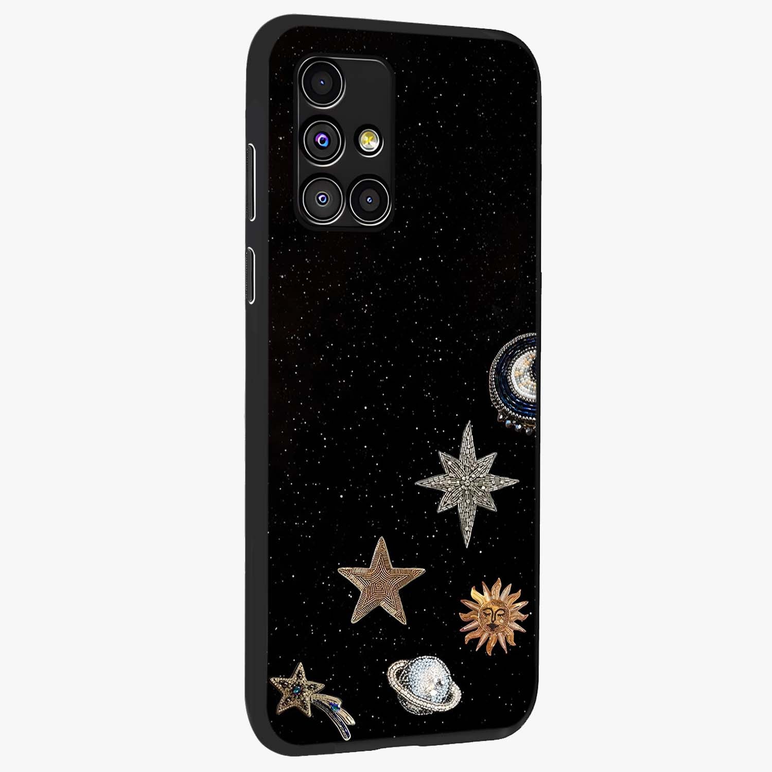 Galactic Charm Glow Glass Case upright view showcasing glowing cosmic charm artwork with magical celestial style.