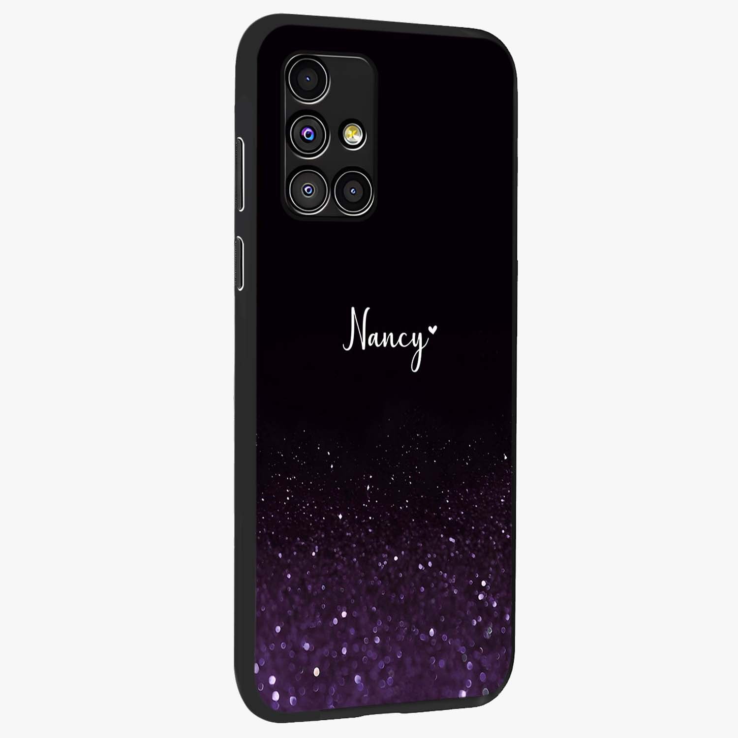 Glittery Purple Bokeh Custom Name Glass Case upright view showcasing vibrant purple sparkle artwork with personalized aesthetic style.