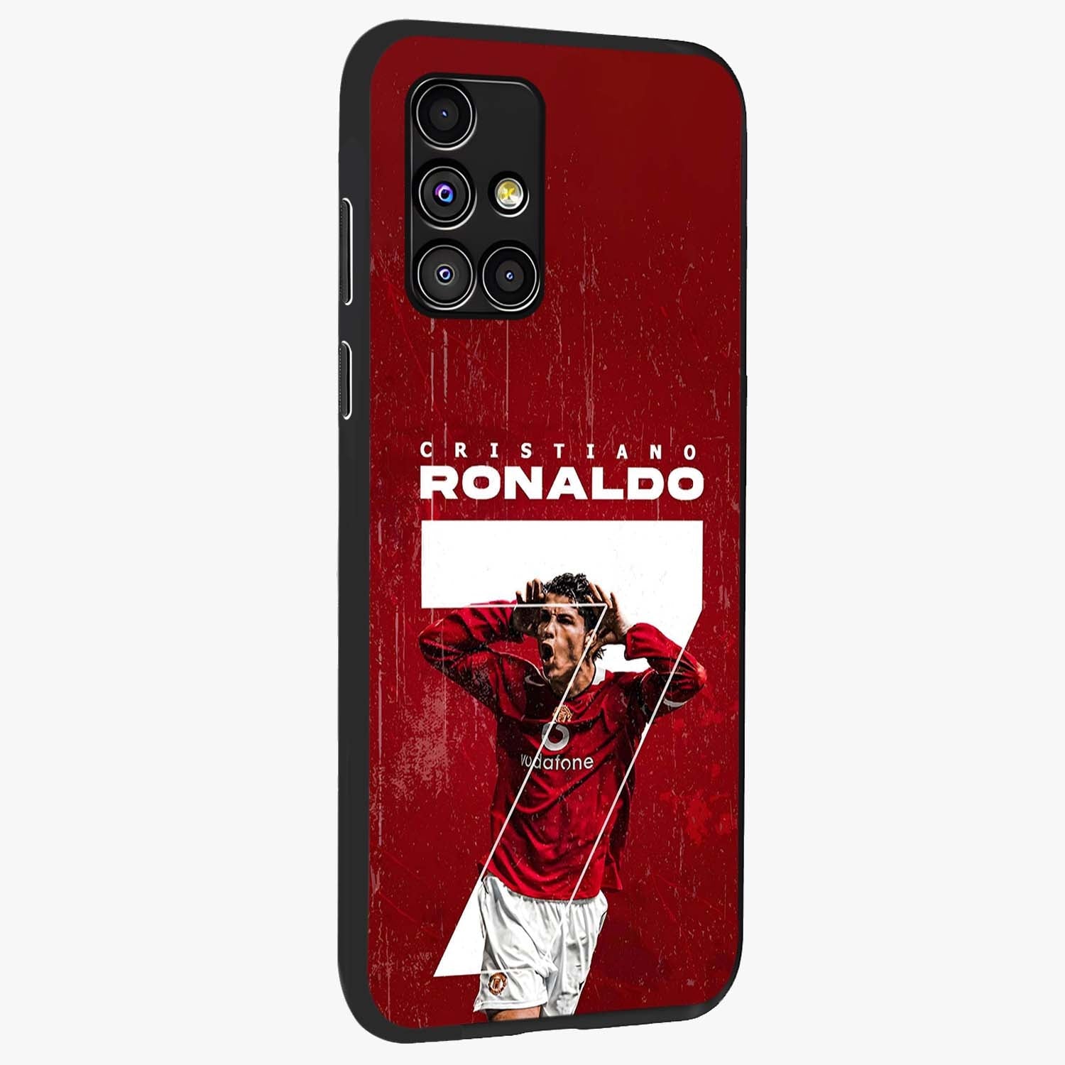 Goal Celebration Legacy Glass Case upright view showcasing dynamic football inspired artwork with victory celebration aesthetic.