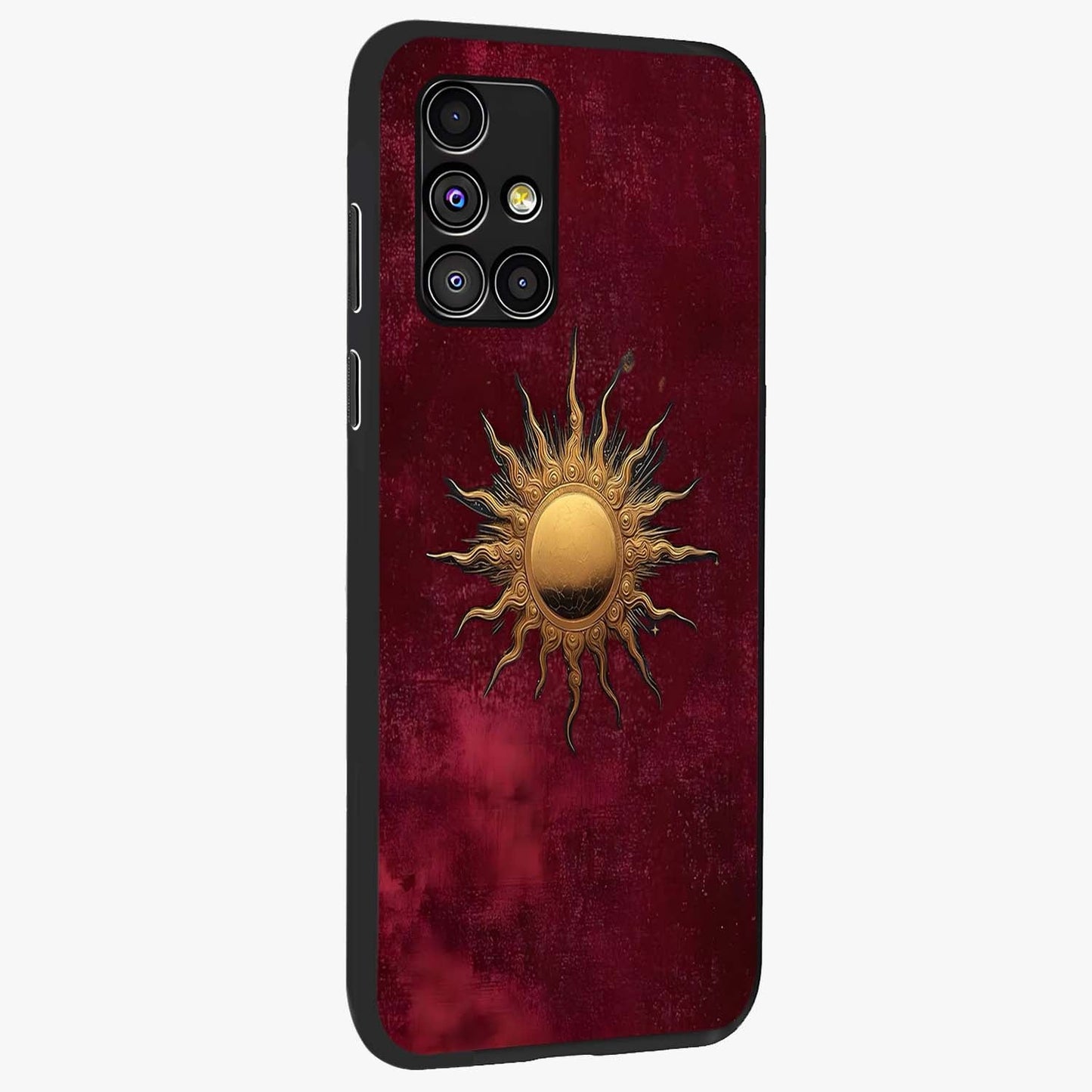 Golden Sun Minimalism Glass Case upright view showcasing simple golden sun artwork with elegant minimalist style.