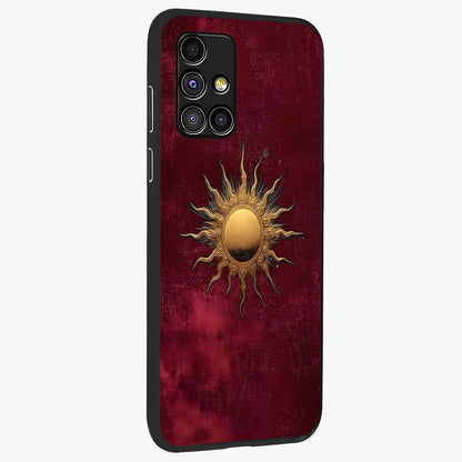 Golden Sun Minimalism Glass Case upright view showcasing simple golden sun artwork with elegant minimalist style.