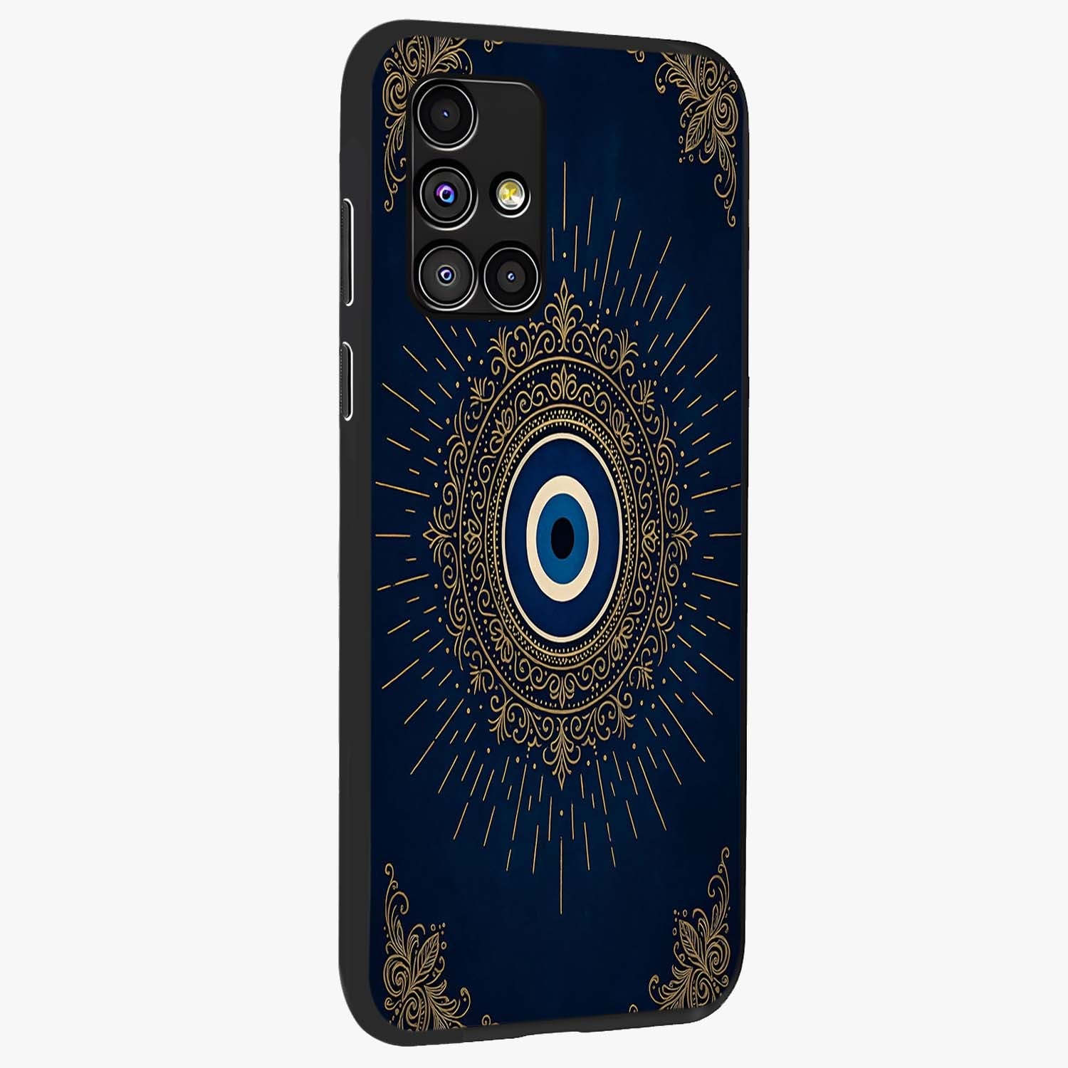 Golden Celestial Charm Glass Case upright view showcasing radiant celestial artwork with elegant golden theme.