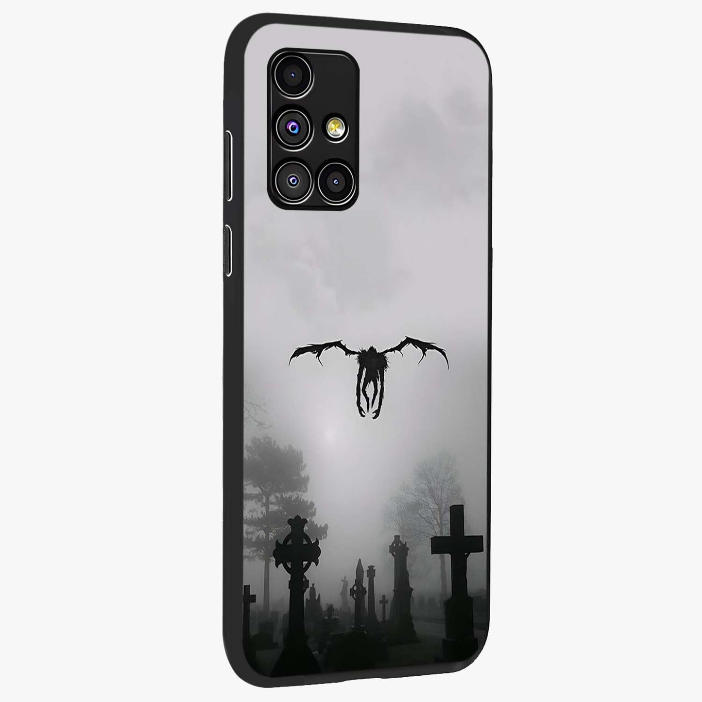 Graveyard Shadow Descent Glass Case upright view showcasing haunting graveyard artwork with dramatic dark theme.