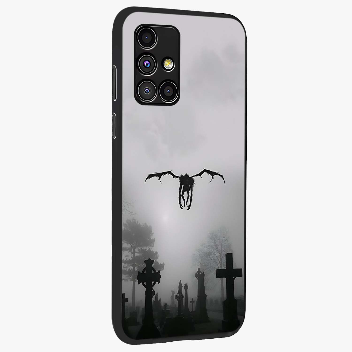 Graveyard Shadow Descent Glass Case upright view showcasing haunting graveyard artwork with dramatic dark theme.