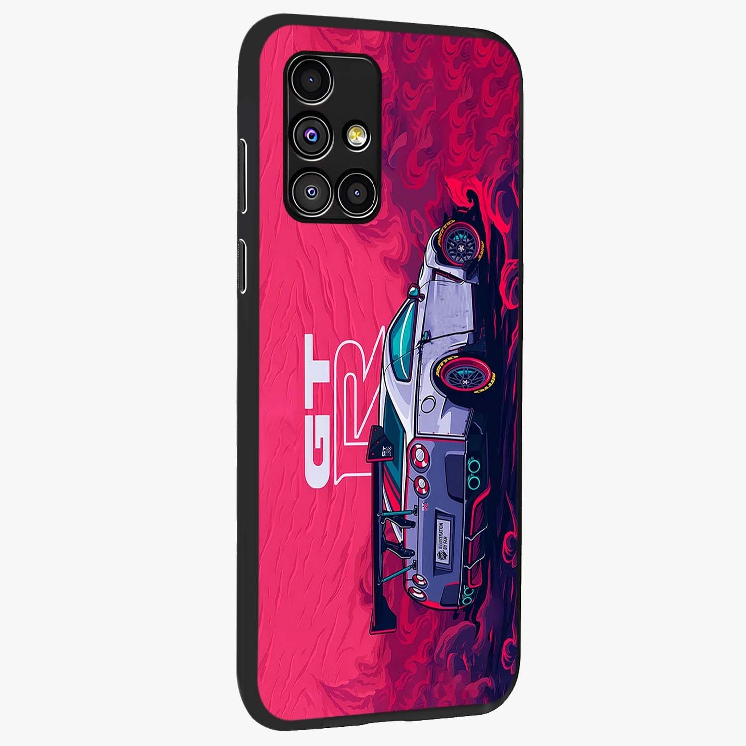 GT-R Car Pattern Glass Case upright view showcasing dynamic car pattern artwork with modern sports theme.